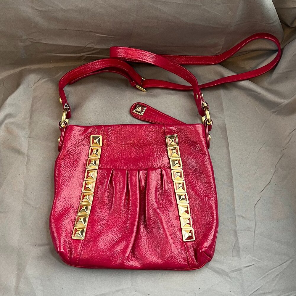 Raspberry Leather Crossbody bag with gold studs